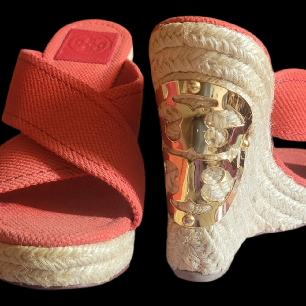 Tory Burch Coral and Gold Wedges